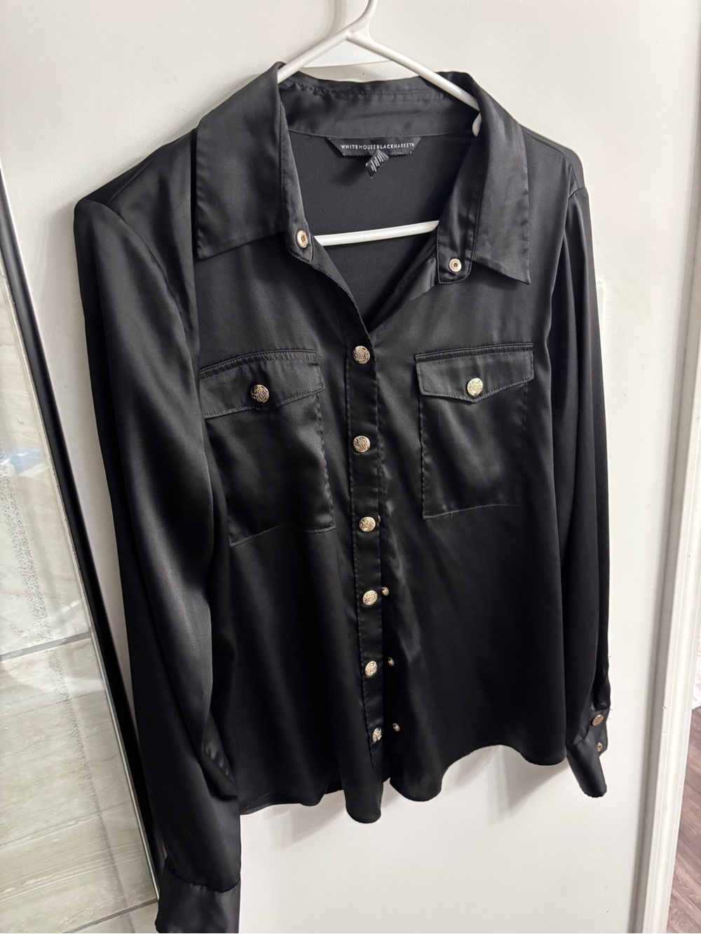 White House Black Market Black Satin Button-Front Shirt with Gold Buttons